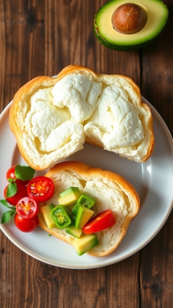 Fluffy cloud bread on a plate with avocado and cherry tomatoes, set on a rustic wooden table.